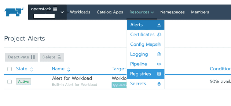 Rancher UI add registry menu